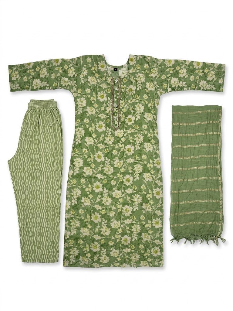 Olive Green Floral Printed Cotton Kurta Set with Dupatta