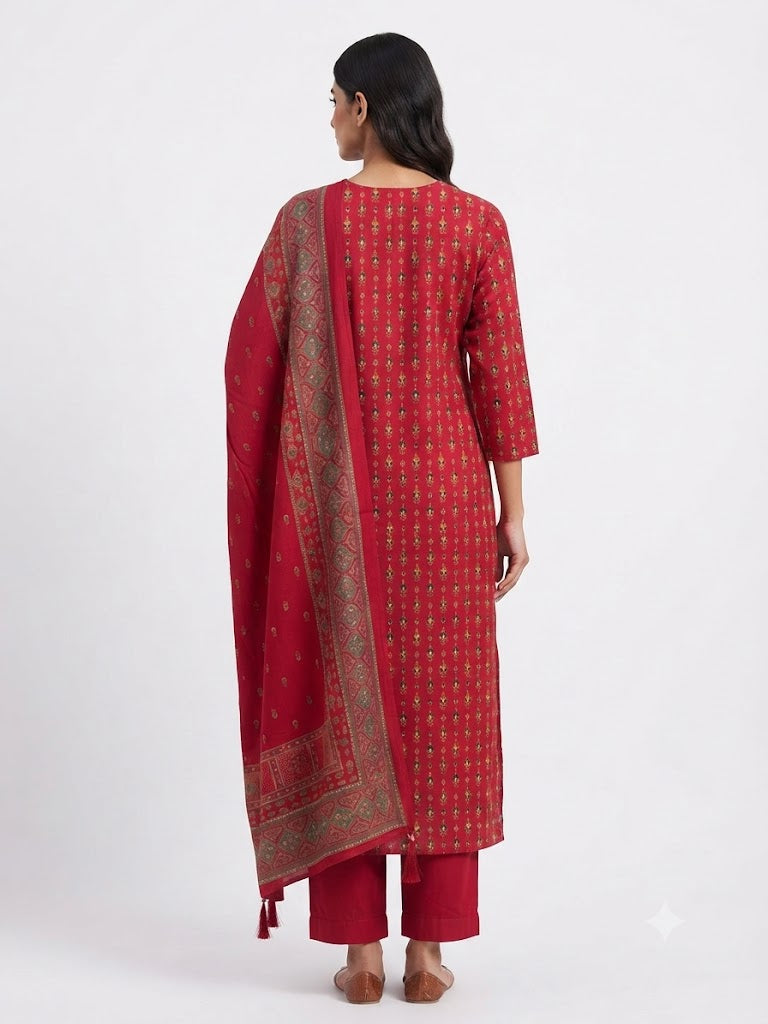 Rani Pink Ethnic Printed Cotton Kurta Set with Woven Dupatta