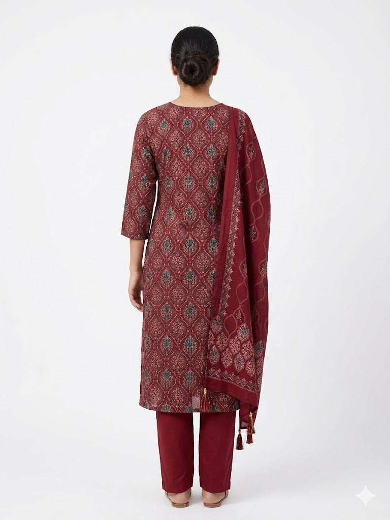 Maroon Floral Printed Cotton Kurta Set with Dupatta