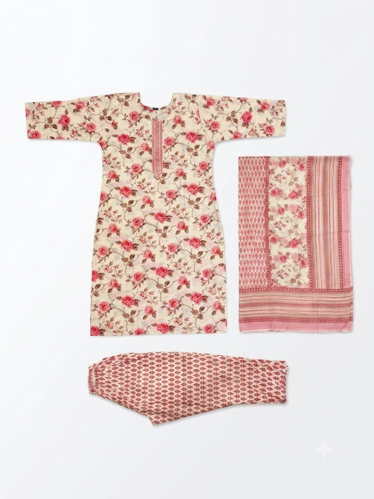 Ivory Floral Printed Cotton Kurta Set with Dupatta