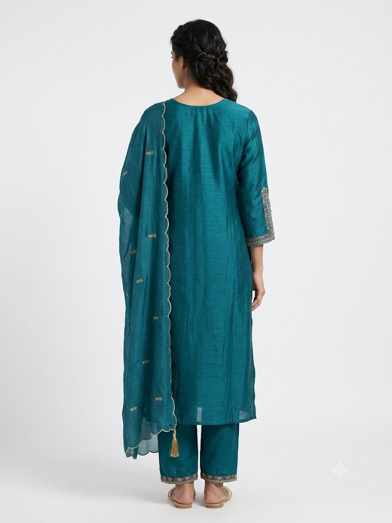 Teal Embroidered Cotton Kurta Set with Dupatta