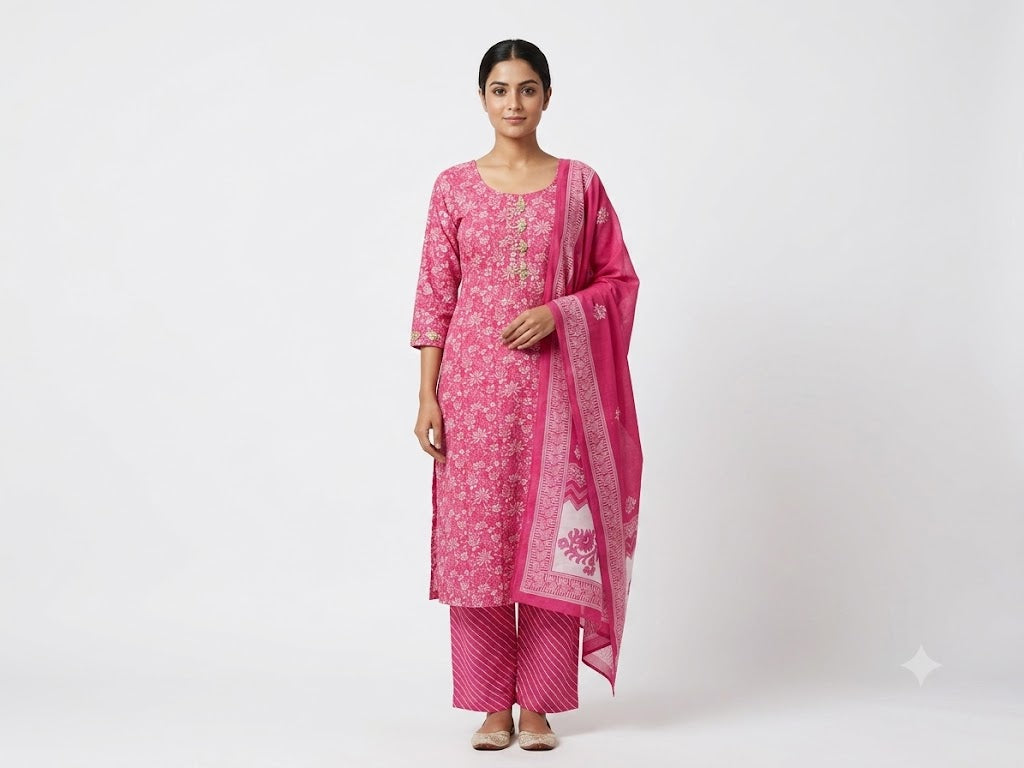 Women Pink Floral Printed Kurta Set with Dupatta & Pants | Everyday Ethnic Wear