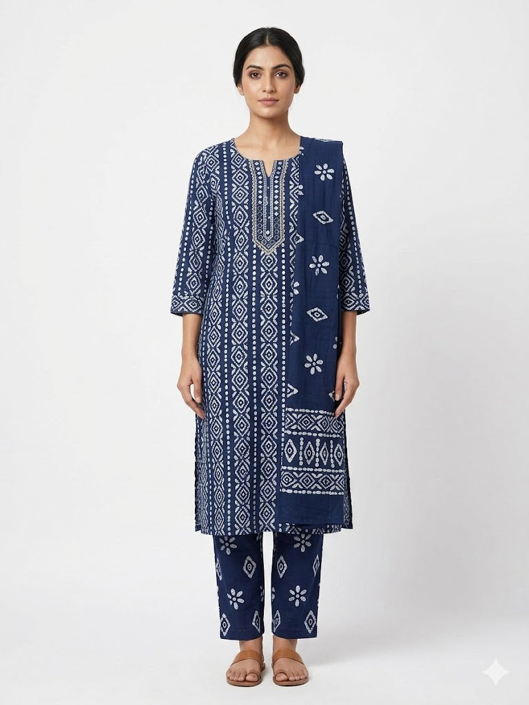 Navy Blue Geometric Printed Cotton Kurta Set with Dupatta