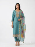 Sky Blue Embroidered Cotton Kurta Set with Floral Dupatta