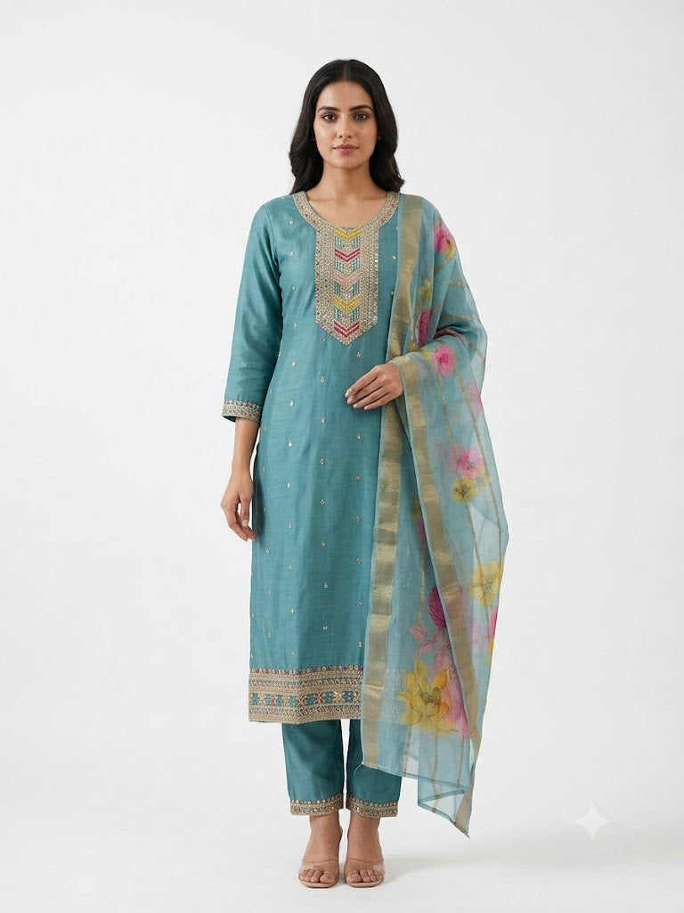 Sky Blue Embroidered Cotton Kurta Set with Floral Dupatta