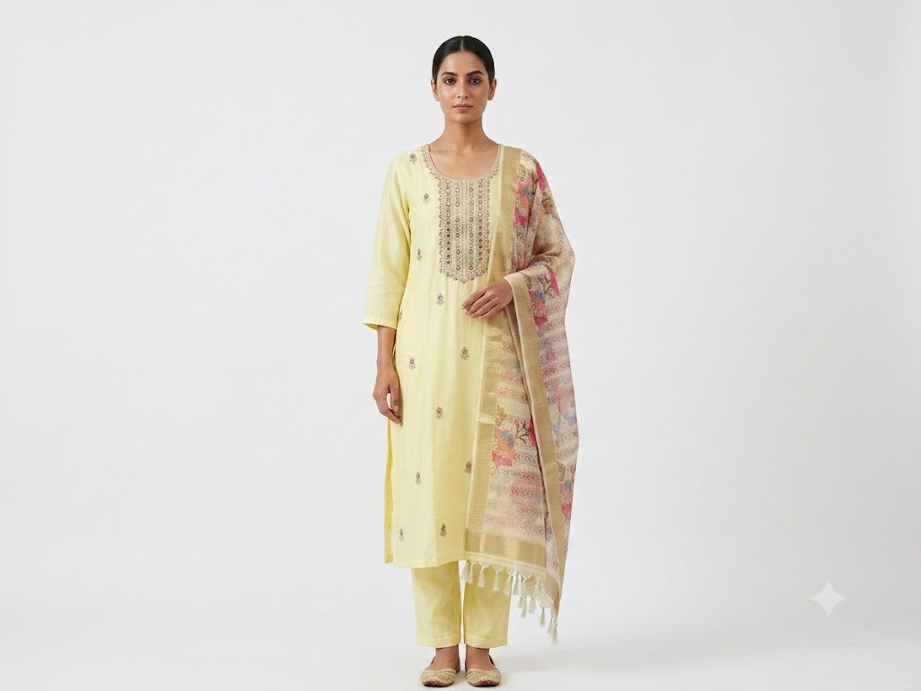 Women's Light Yellow Embroidered Kurta Pant with Floral Printed Dupatta | 3-Piece Ethnic Suit Set
