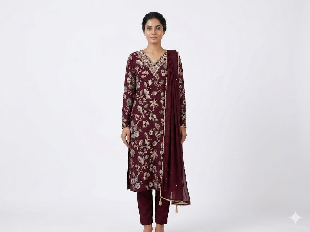 Wine Floral Printed Cotton Kurta Set with Dupatta