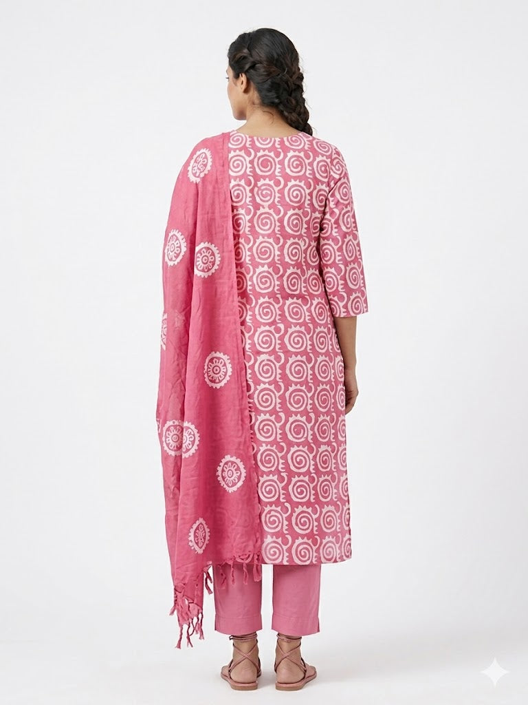 Pink Floral Printed Cotton Kurta Set with Dupatta