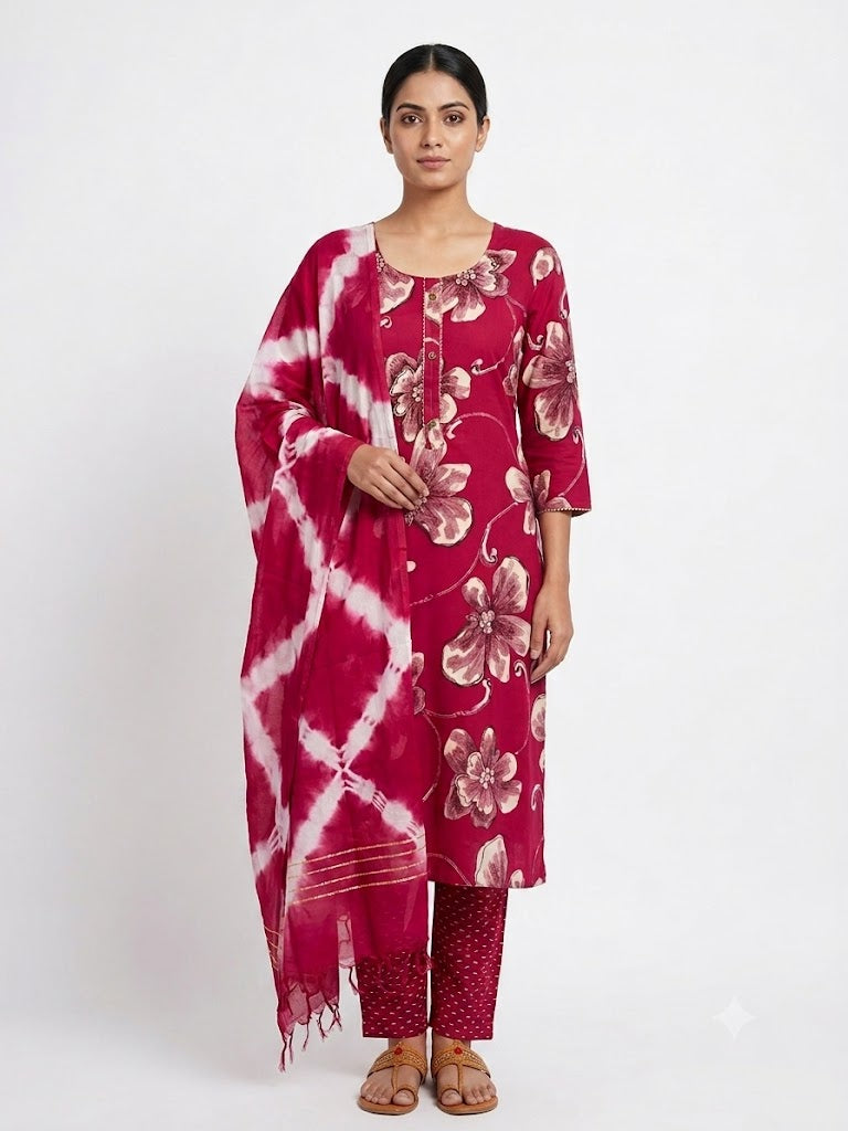 Magenta Floral Printed Cotton Kurta Set with Tie-Dye Dupatta