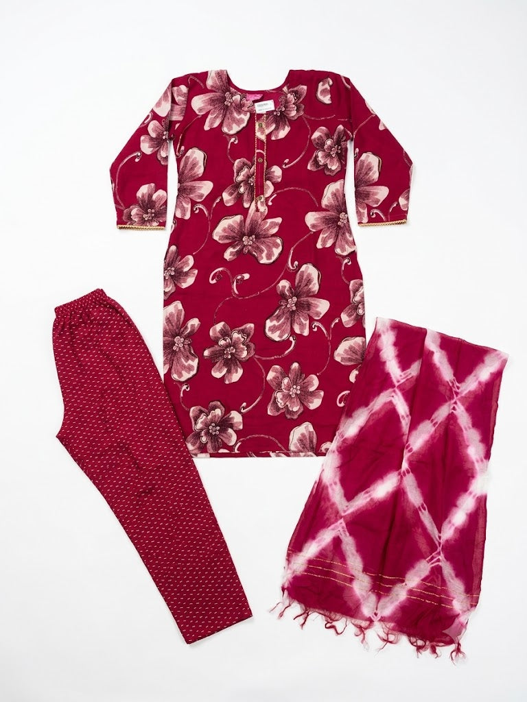 Magenta Floral Printed Cotton Kurta Set with Tie-Dye Dupatta