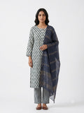 Grey Geometric Printed Cotton Kurta Set with Woven Dupatta