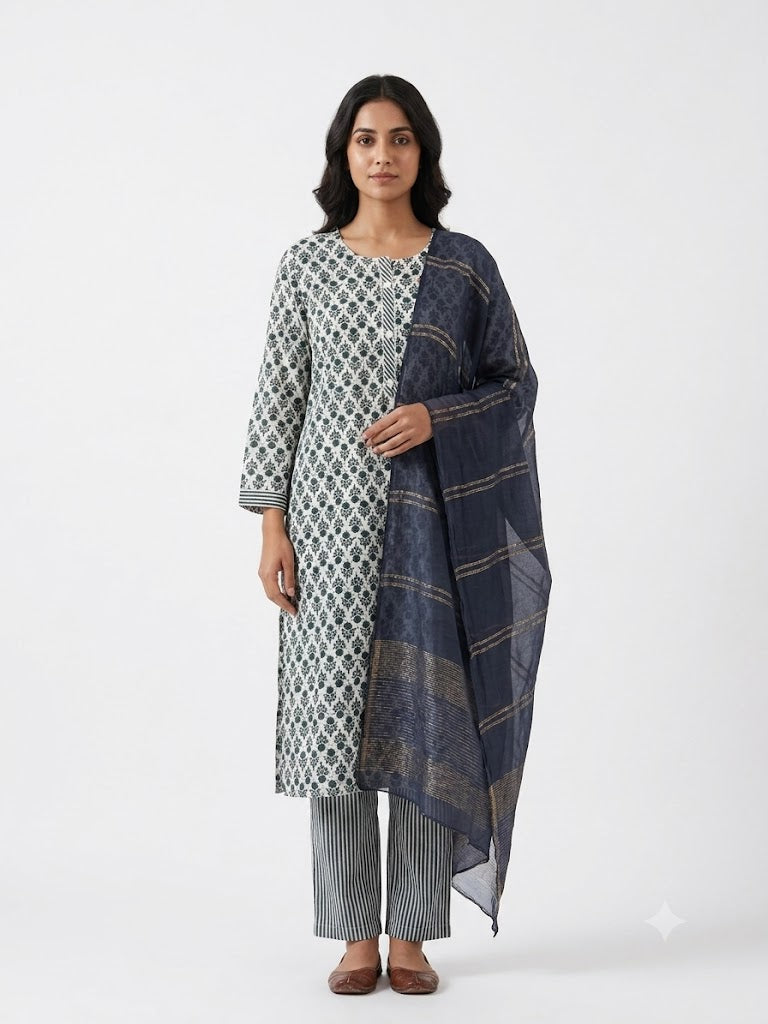 Grey Geometric Printed Cotton Kurta Set with Woven Dupatta