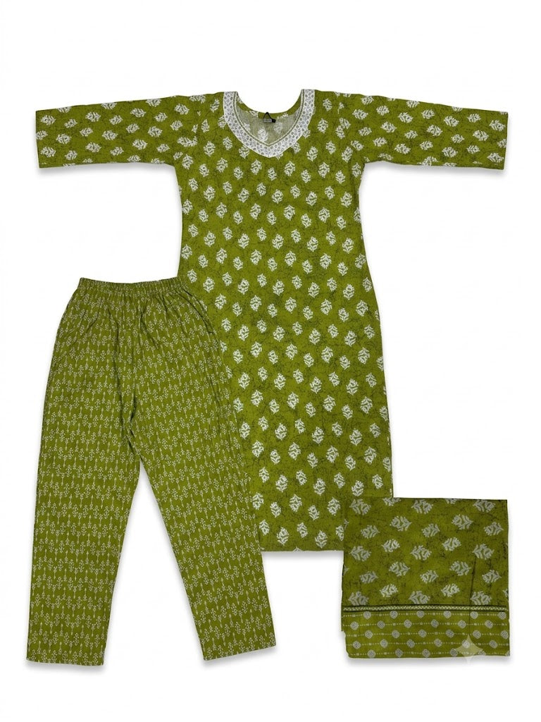 Women Lime Green Floral Printed Kurta Set with Dupatta & Pants | Ethnic Daily Wear Suit Set