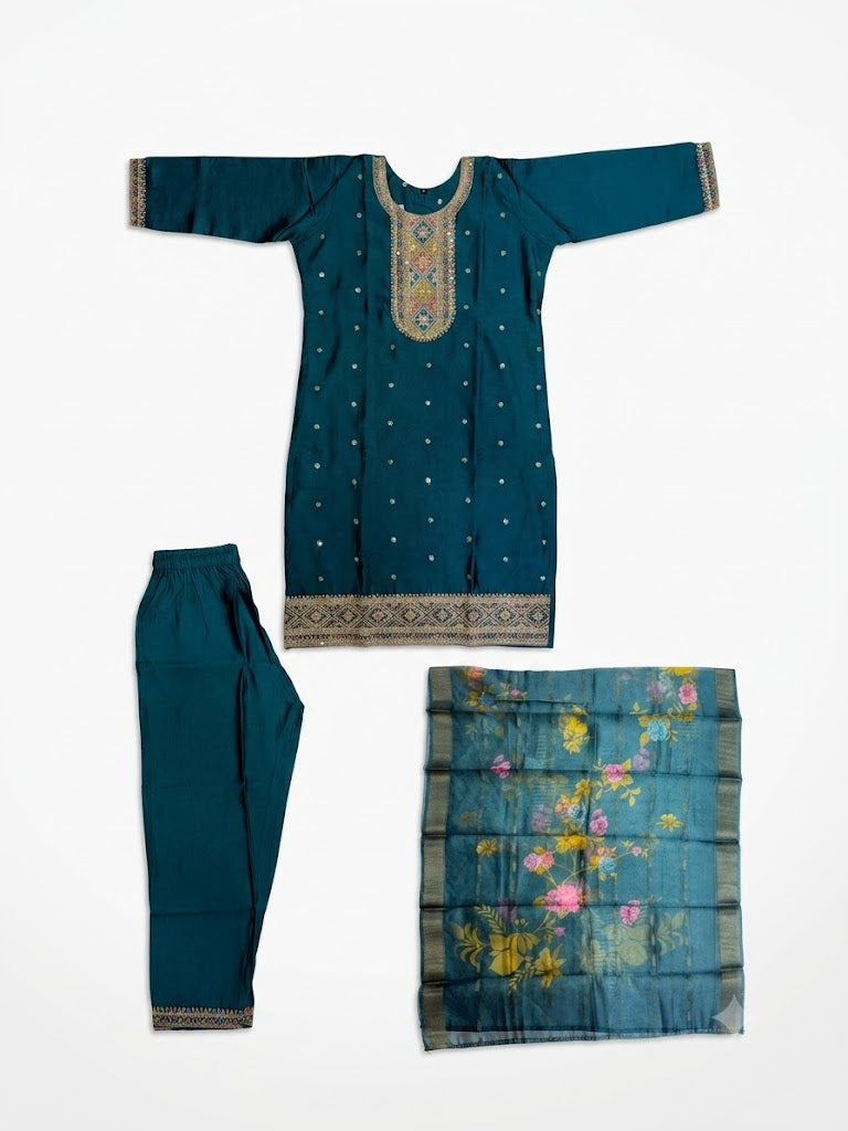 Teal Embroidered Cotton Kurta Set with Printed Dupatta