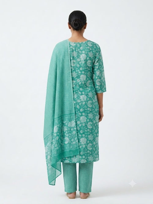 Aqua Blue Floral Printed Cotton Kurta Set with Dupatta