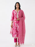 Fuchsia Pink Printed Cotton Kurta Set with Dupatta