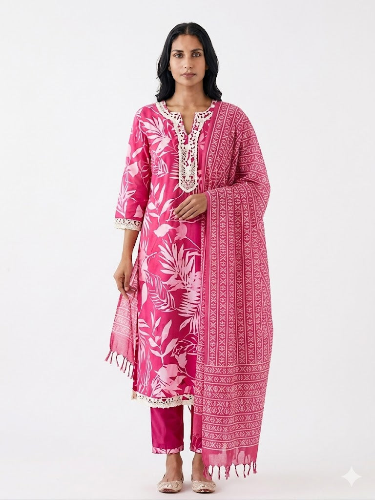 Fuchsia Pink Printed Cotton Kurta Set with Dupatta