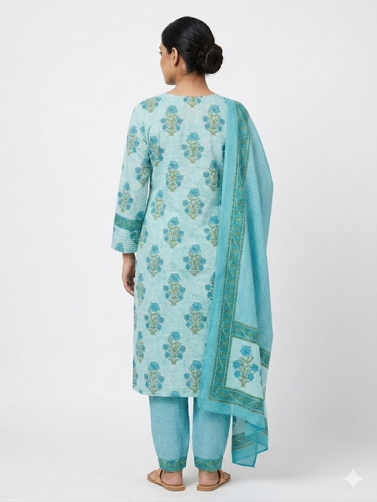 Women Sky Blue Floral Printed Kurta Set with Dupatta & Pants | Elegant Ethnic Suit Set