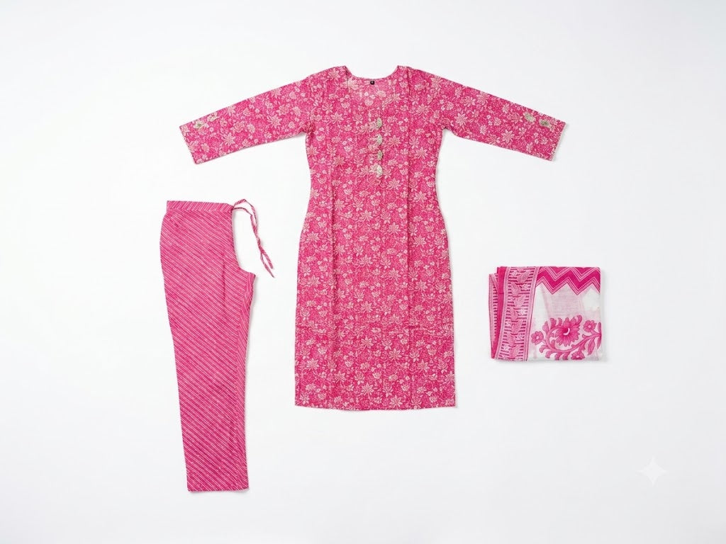 Women Pink Floral Printed Kurta Set with Dupatta & Pants | Everyday Ethnic Wear