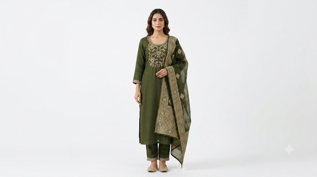 Women Olive Green Embroidered Kurta Set with Dupatta & Pants | Traditional Ethnic Suit