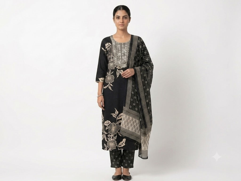 Black Floral Printed Cotton Kurta Set with Dupatta