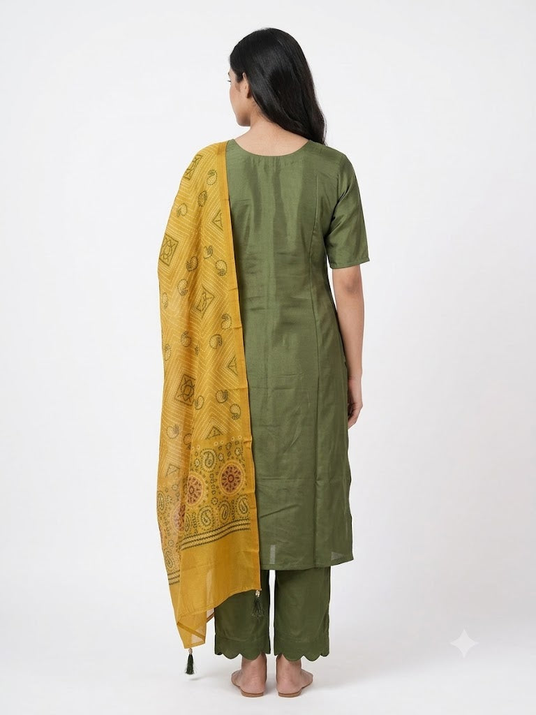 Olive Green Embroidered Cotton Kurta Set with Mustard Printed Dupatta