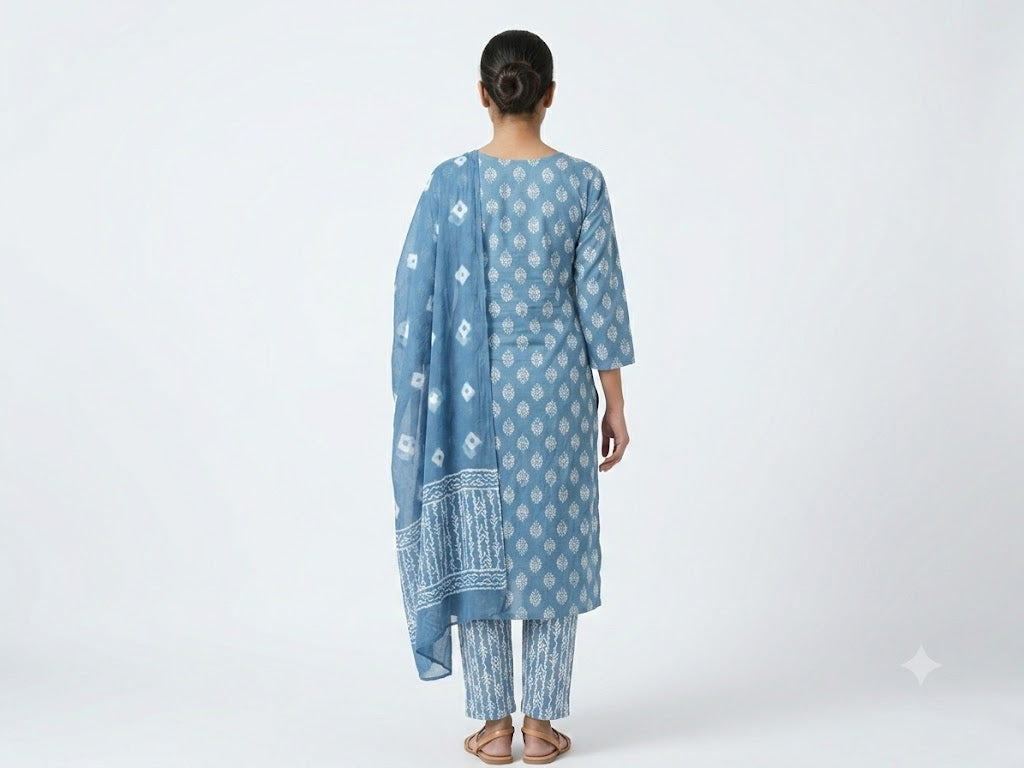 Powder Blue Buti Printed Cotton Kurta Set with Dupatta