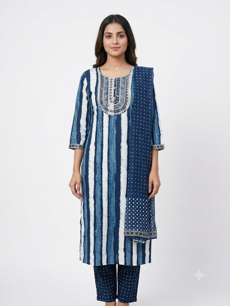 Blue Striped Printed Cotton Kurta Set with Dupatta