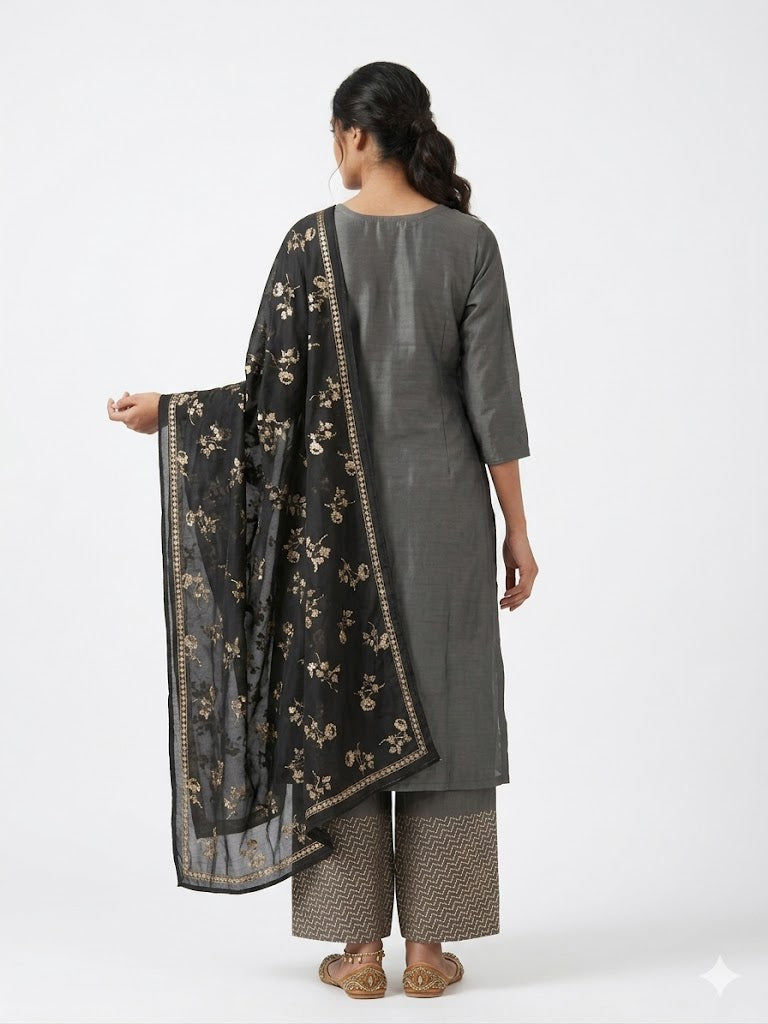 Charcoal Grey Floral Printed Cotton Kurta Set with Dupatta