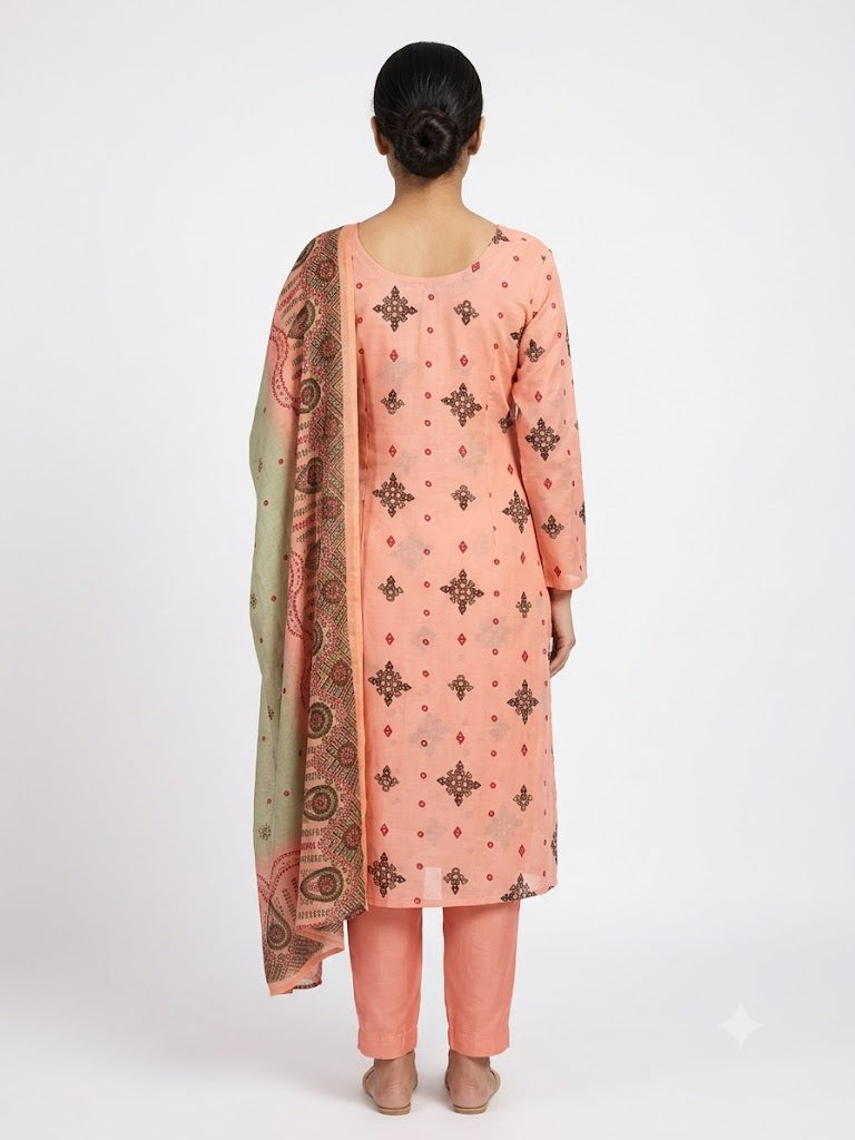 Peach Ethnic Printed Cotton Kurta Set with Contrast Dupatta