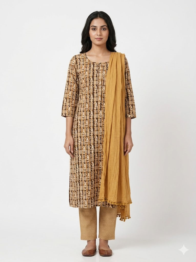Beige Block Printed Cotton Kurta Set with Mustard Dupatta