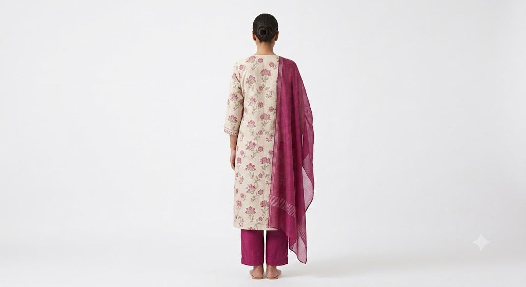 White Floral Printed Cotton Kurta Set with Ombre Dupatta