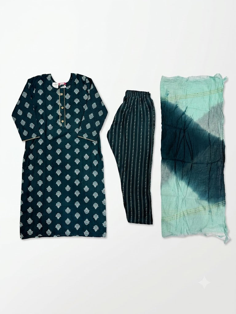 Teal Buti Printed Cotton Kurta Set with Ombre Dupatta