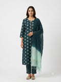 Teal Buti Printed Cotton Kurta Set with Ombre Dupatta