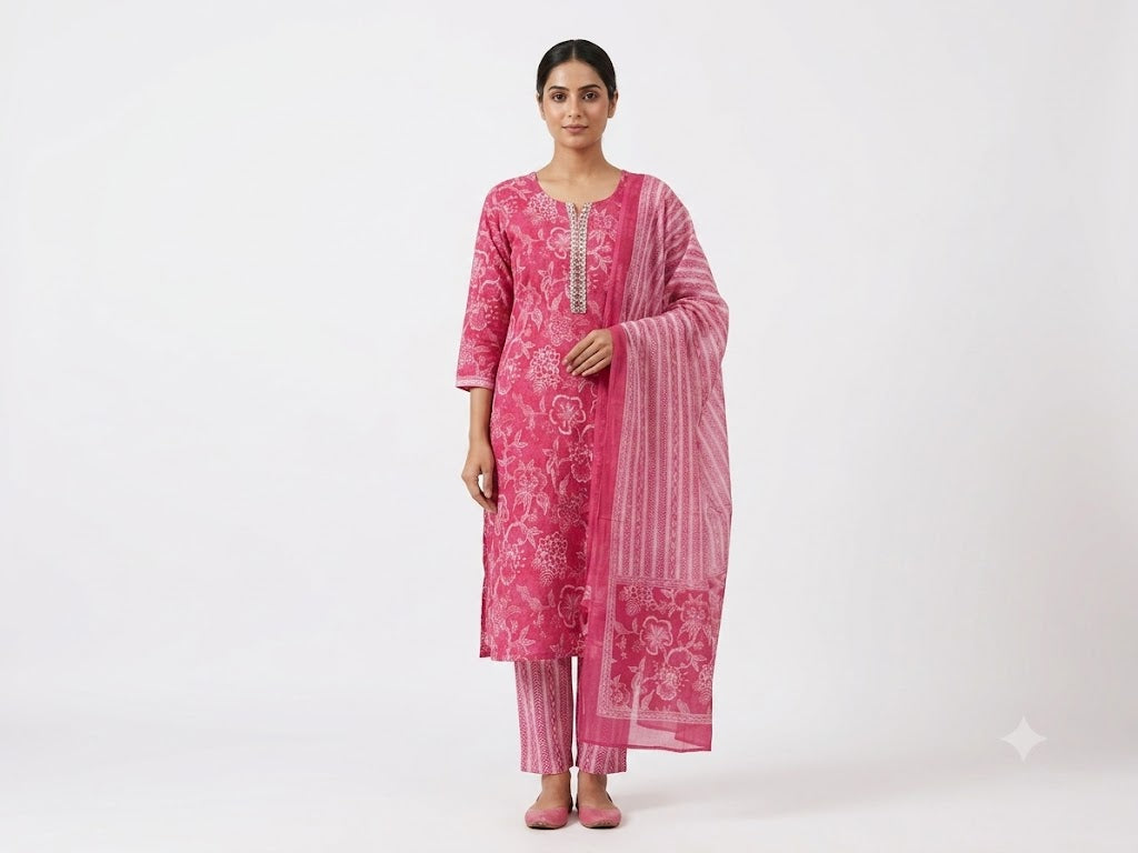Pink Floral Printed Cotton Kurta Set with Striped Dupatta