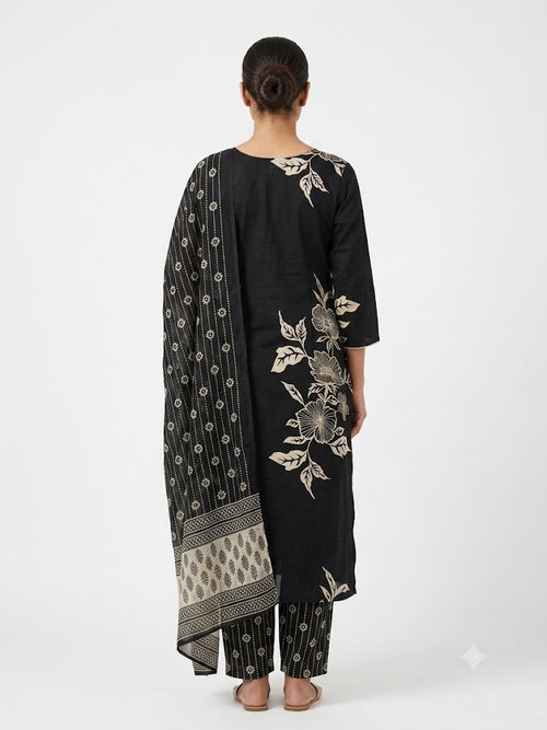 Black Floral Printed Cotton Kurta Set with Dupatta