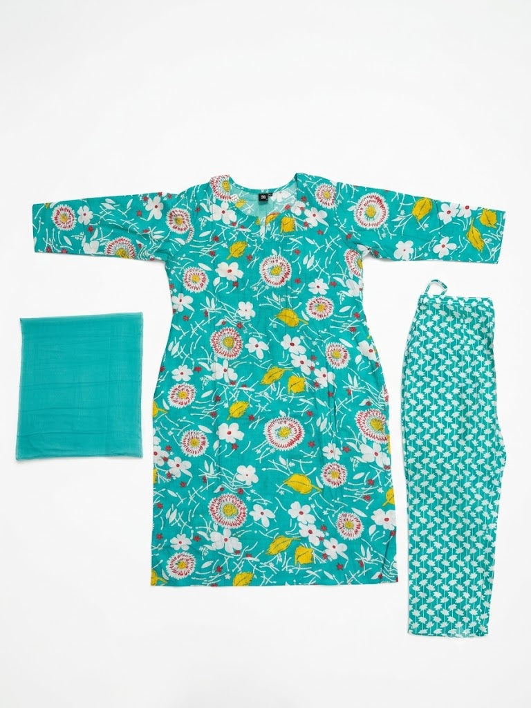 Aqua Blue Floral Printed Cotton Kurta Set with Dupatta