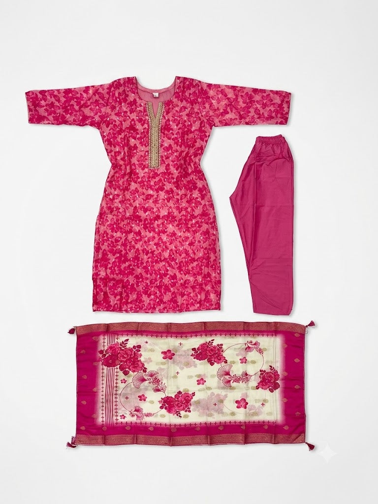 Fuchsia Pink Printed Cotton Kurta Set with Floral Dupatta