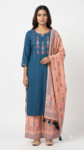 Women Teal Blue Embroidered Kurta Set with Peach Dupatta | Elegant Ethnic Wear