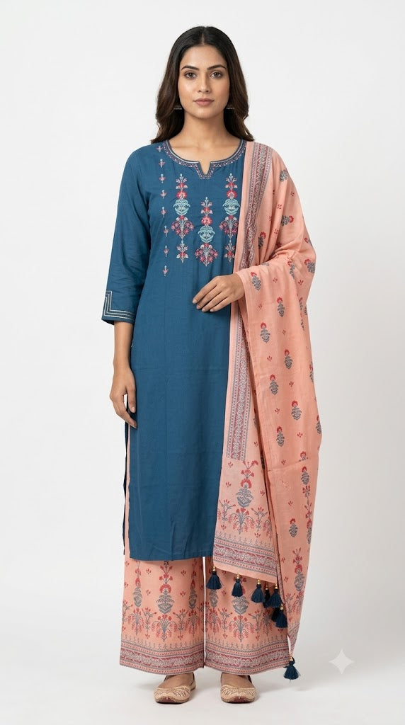 Women Teal Blue Embroidered Kurta Set with Peach Dupatta | Elegant Ethnic Wear