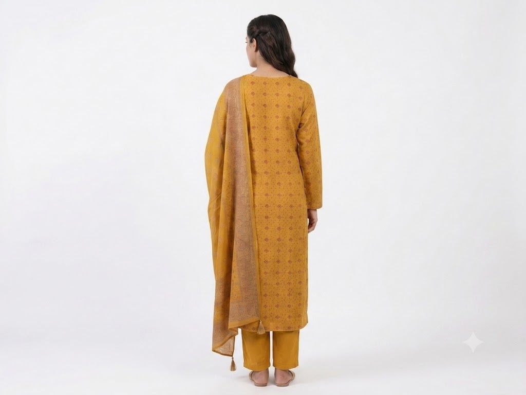 Mustard Buti Printed Cotton Kurta Set with Dupatta