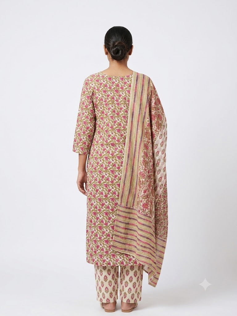 Peach Floral Printed Cotton Kurta Set with Dupatta