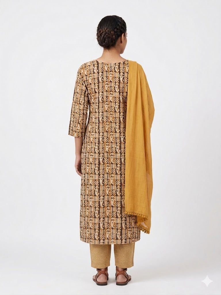 Beige Block Printed Cotton Kurta Set with Mustard Dupatta
