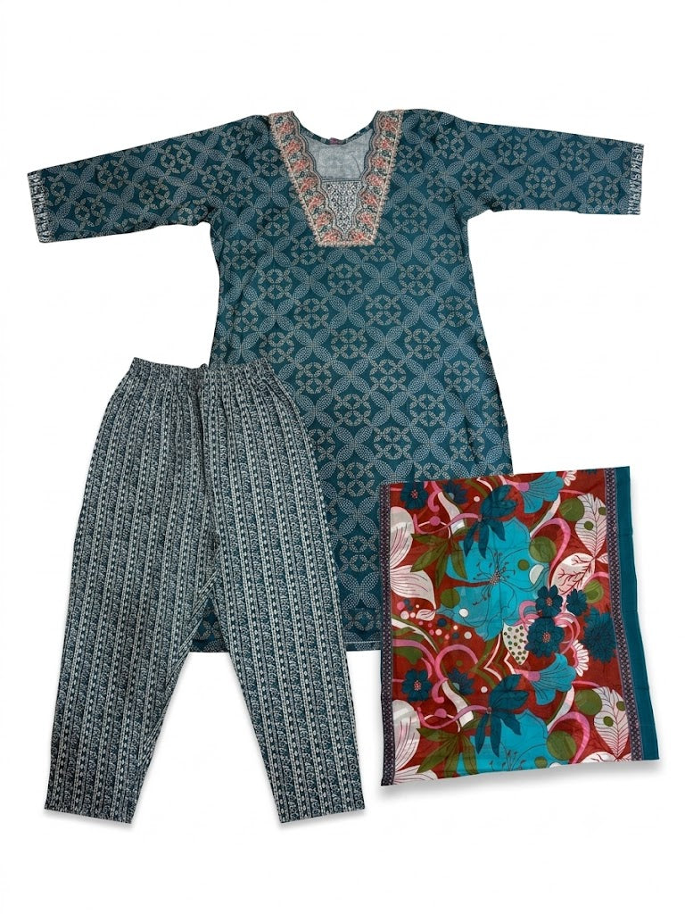 Teal Embroidered Cotton Kurta Set with Multicolor Floral Dupatta