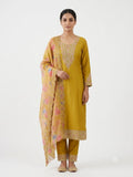 Mustard Embroidered Cotton Kurta Set with Floral Dupatta