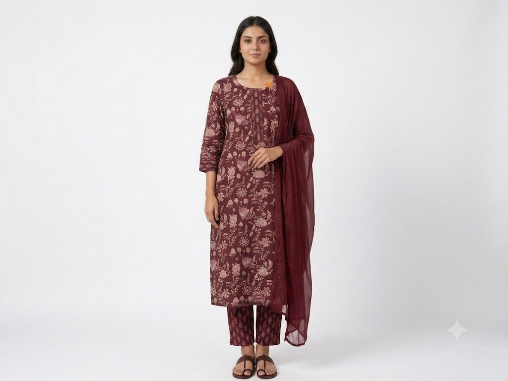 Maroon Floral Printed Cotton Kurta Set with Dupatta