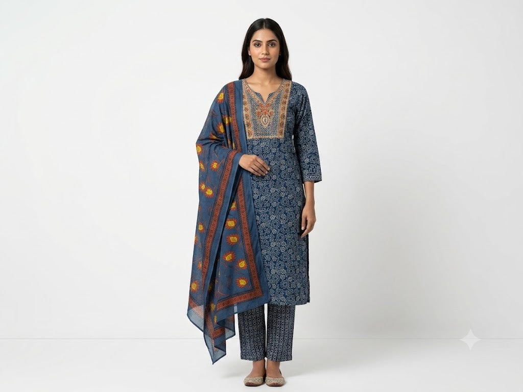Women Indigo Blue Printed Kurta Set with Contrast Dupatta & Pants | Festive Ethnic Wear