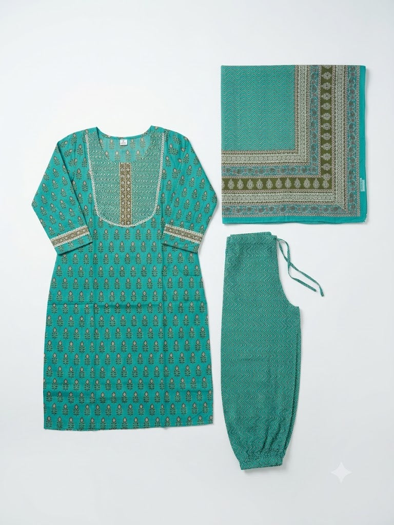 Turquoise Printed Cotton Kurta Set with Dupatta