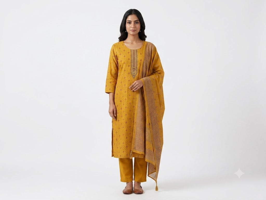 Mustard Buti Printed Cotton Kurta Set with Dupatta