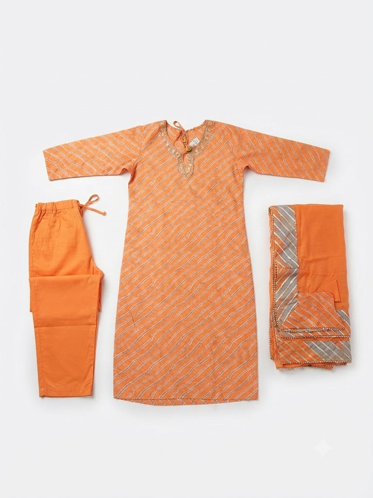 Orange Striped Cotton Kurta Set with Dupatta